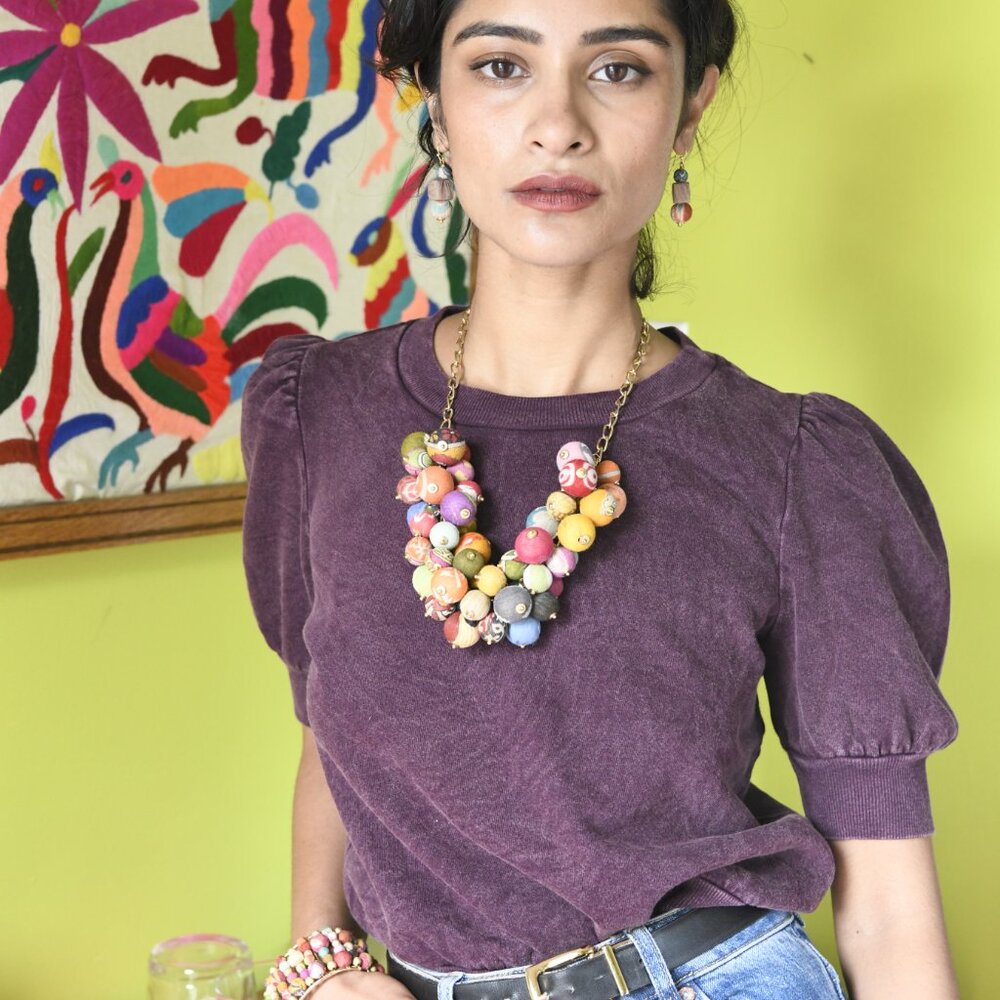 Fair Trade NWT Boho Cluster Bead Necklace Handmade Upcycle Kantha Fabric Recycle - Picture 2 of 16